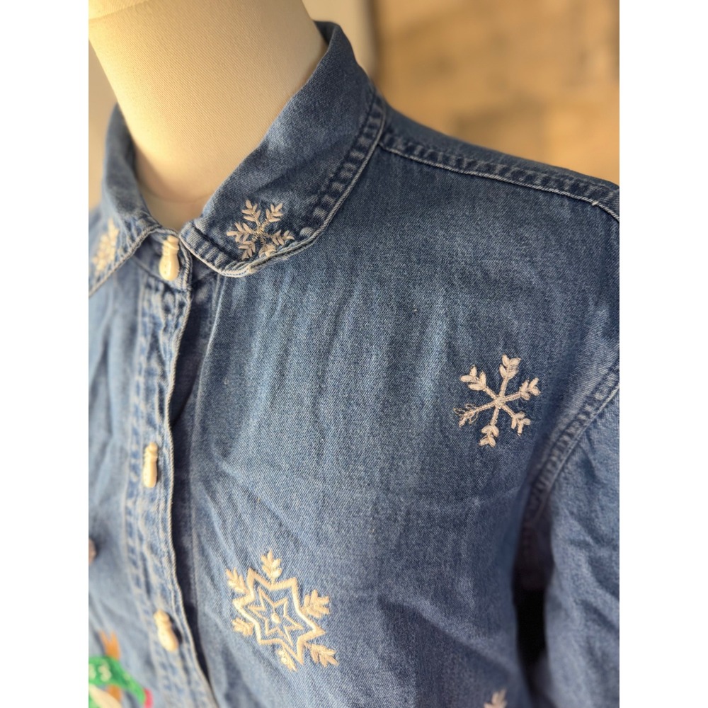 Vintage Snowman Embroidered Denim Button Down Shirt Christmas Holiday Blue - Picture 6 of 12